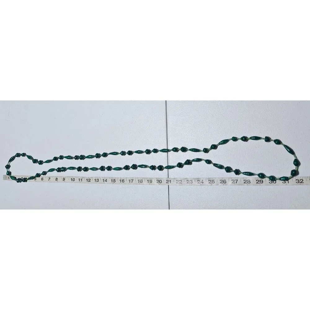 Handmade Retro Green Beaded Long Necklace Paper Beads One or Two Strand 60s Fash